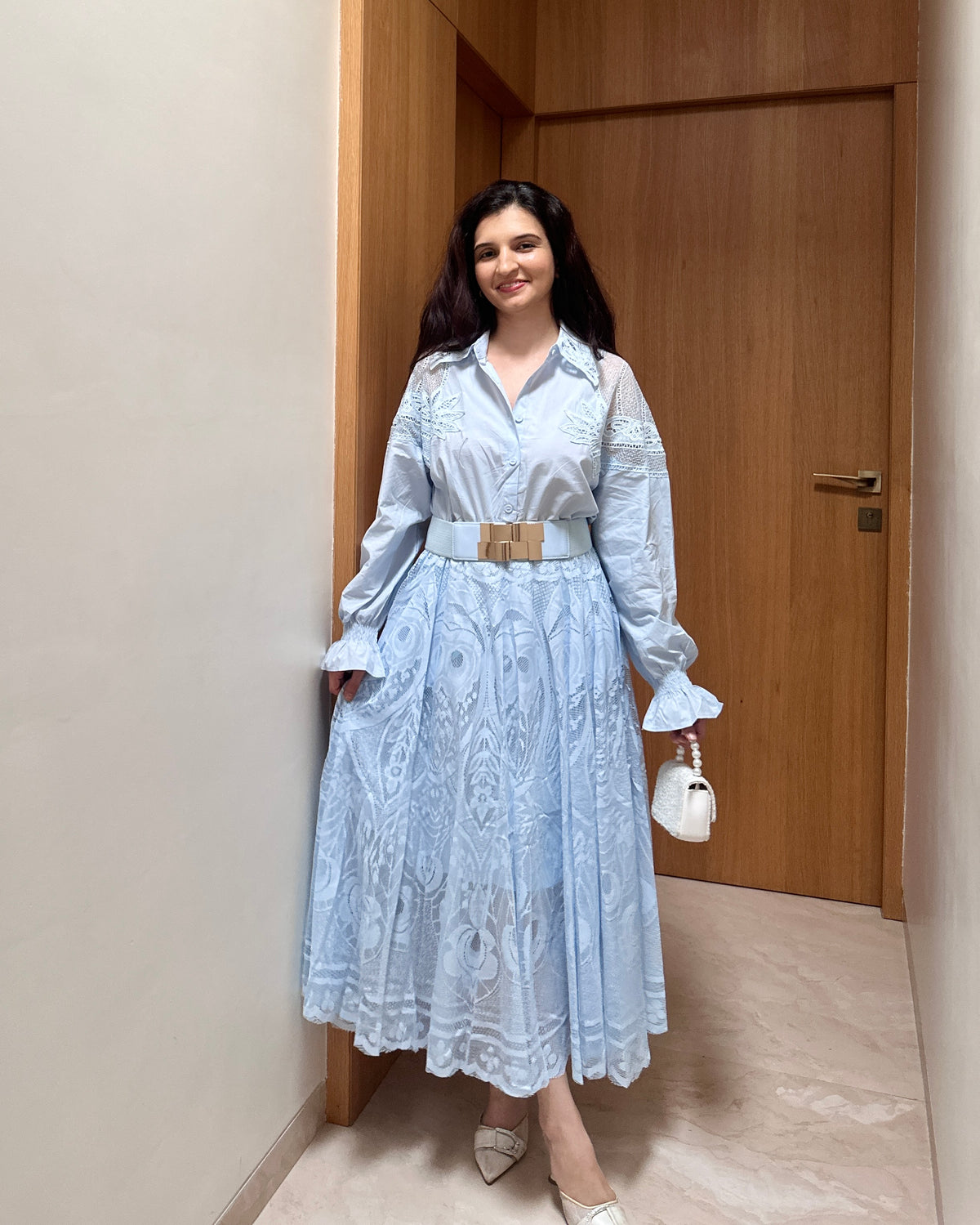 Rosette Lace Dress ( Powder Blue )