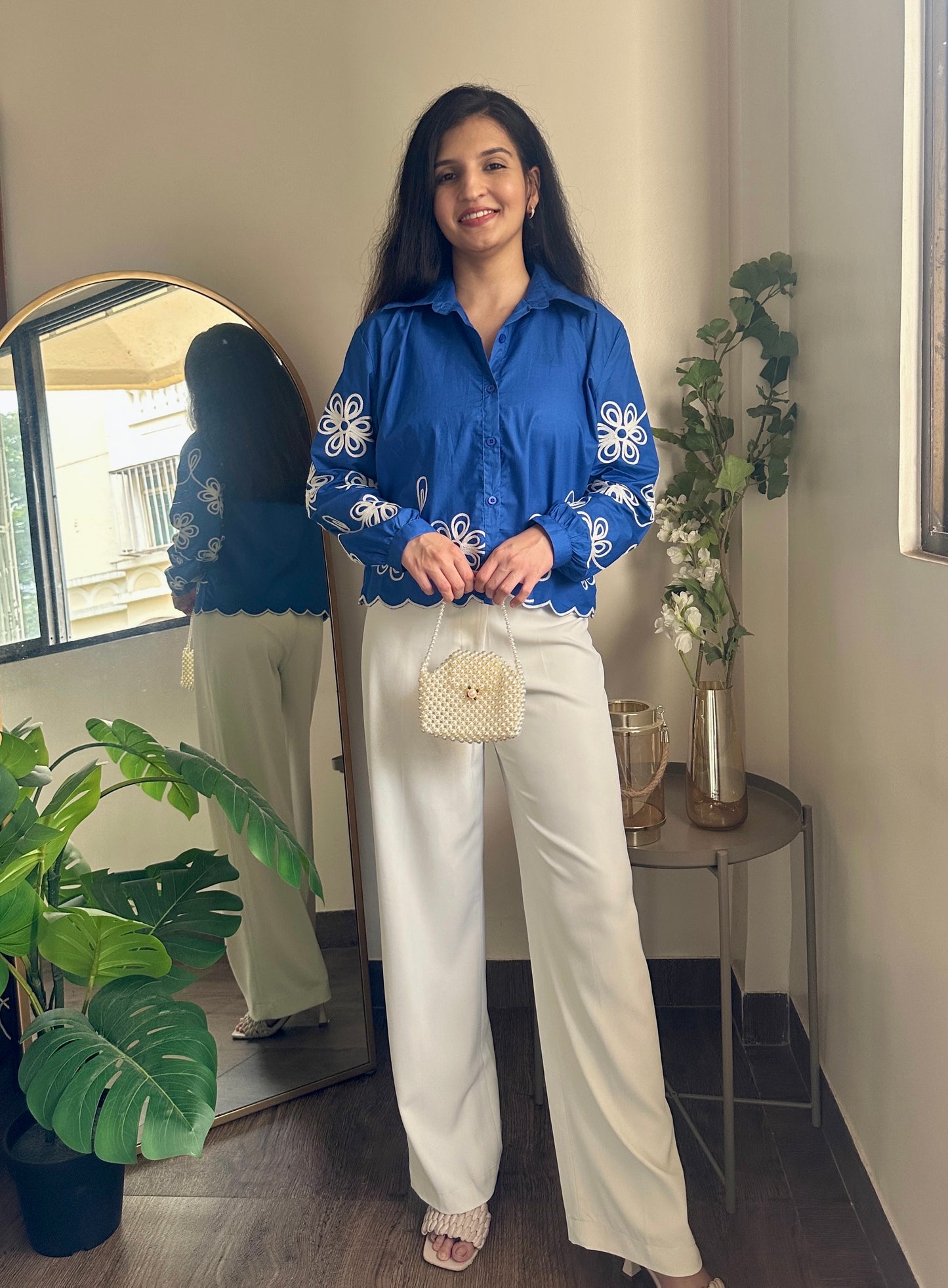 Cobalt Blue Embroidered Crop Shirt