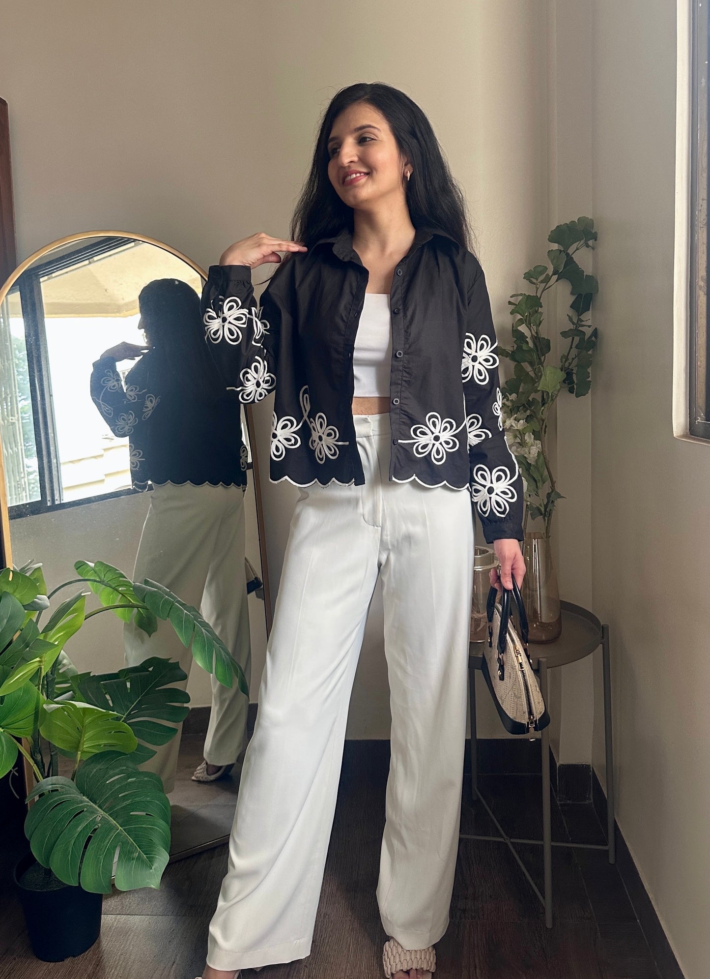 Black Embroidered Crop Shirt