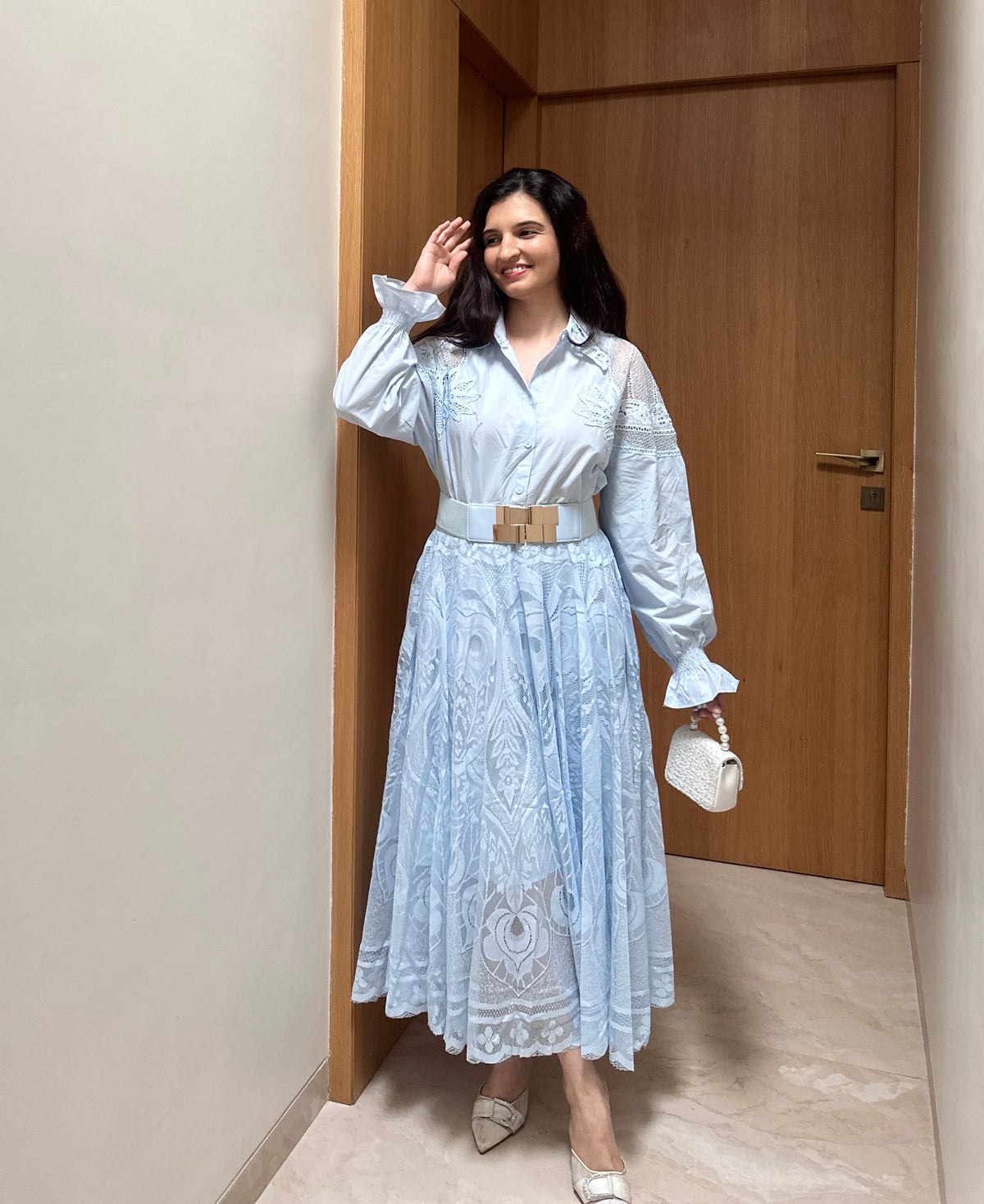 Rosette Lace Dress ( Powder Blue )