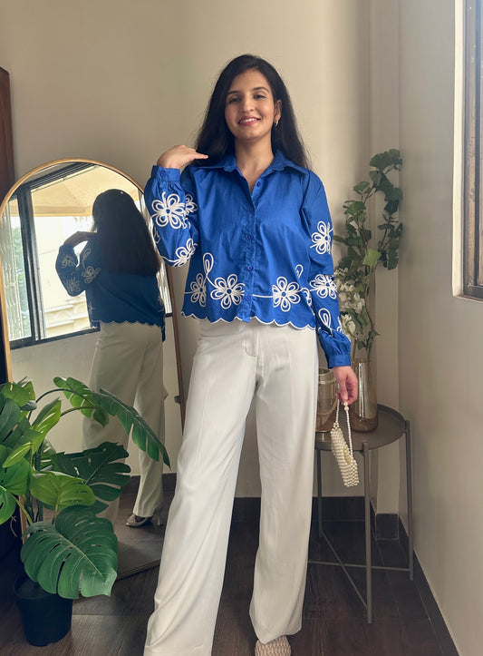 Cobalt Blue Embroidered Crop Shirt