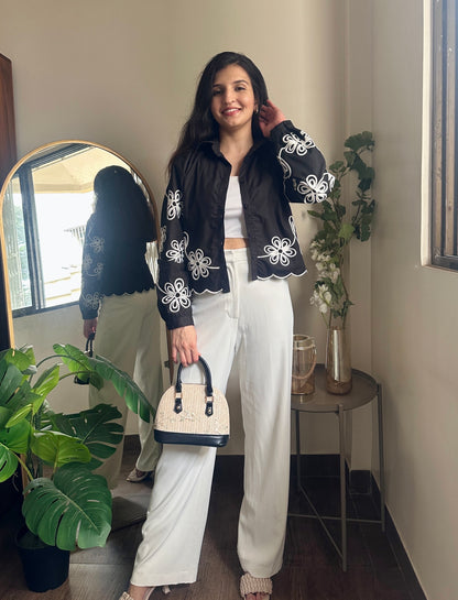 Black Embroidered Crop Shirt