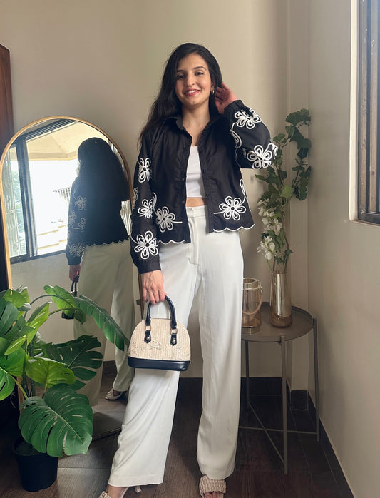 Black Embroidered Crop Shirt