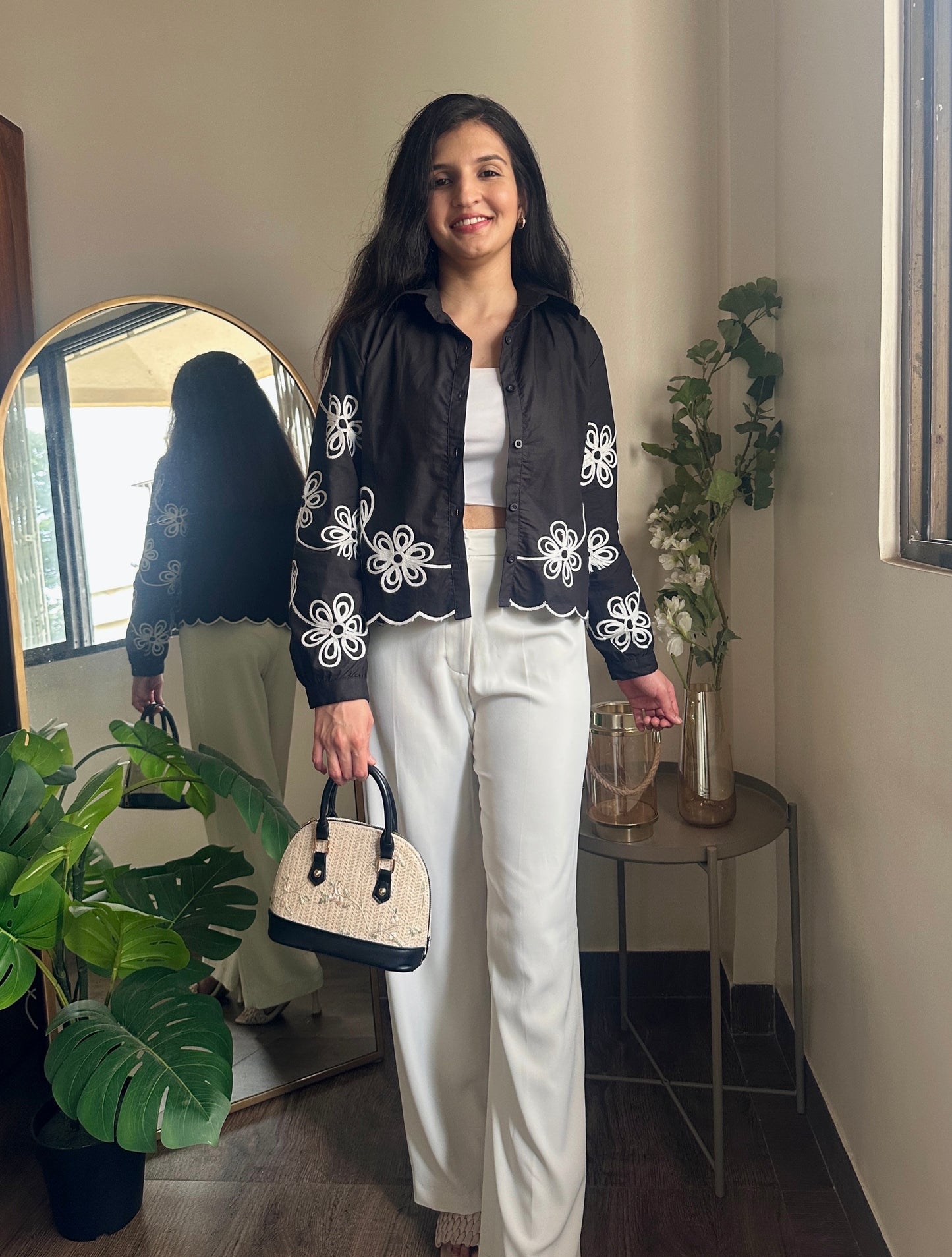 Black Embroidered Crop Shirt