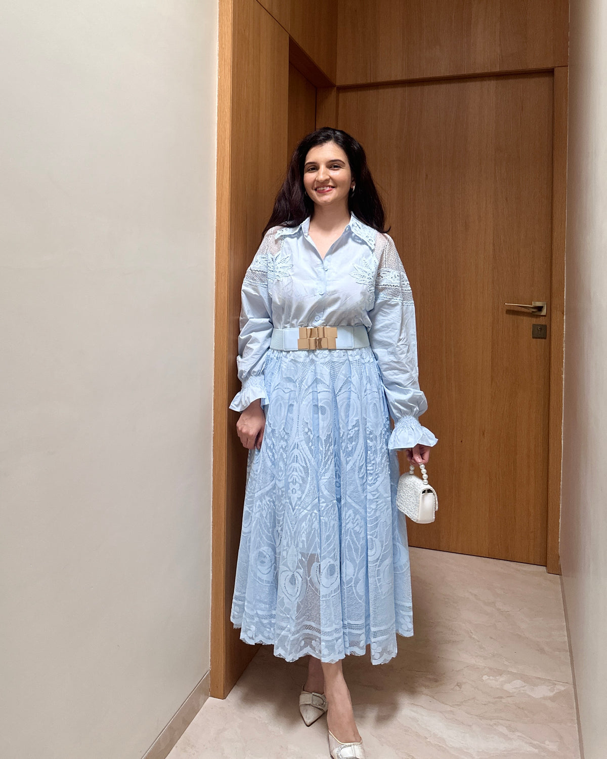 Rosette Lace Dress ( Powder Blue )